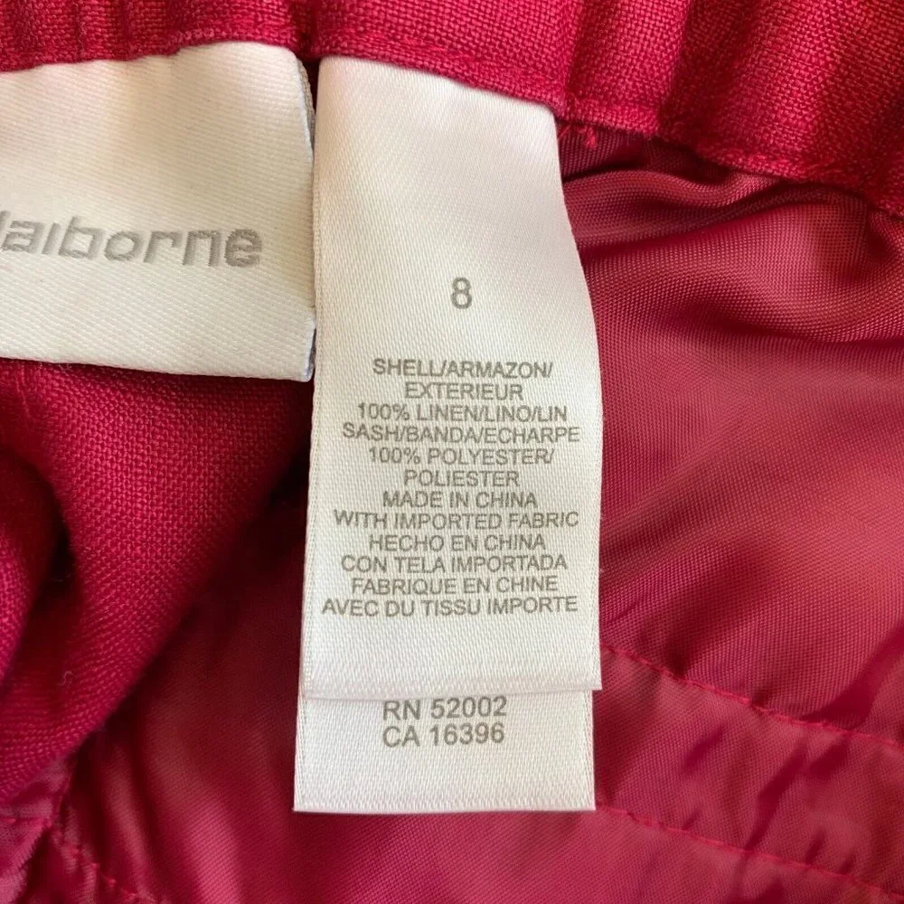 Liz Claiborne Audra Size 8 Wine Color 100% Linen Wide Leg Cropped Belt